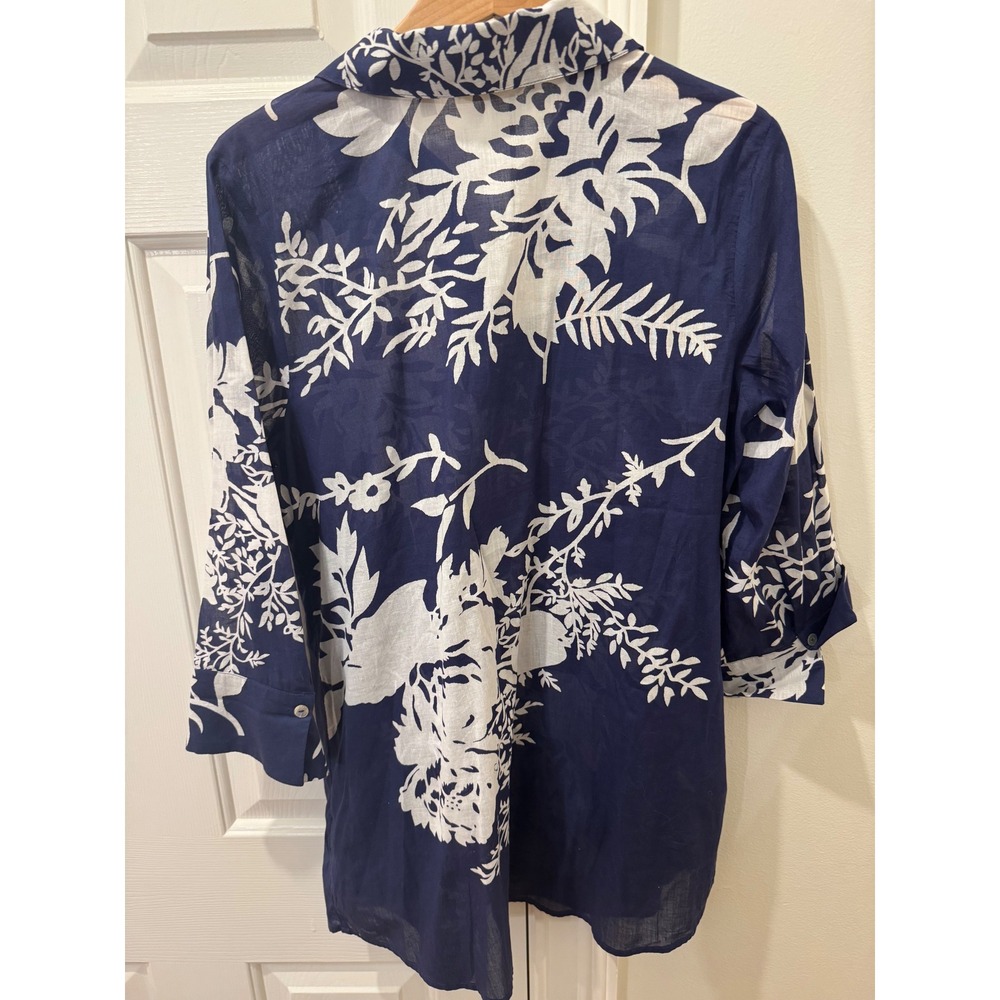 Soft Surroundings Navy‎ White Floral Beaded Cotton Tunic Top 2FT36 Mens Medium - Picture 6 of 7